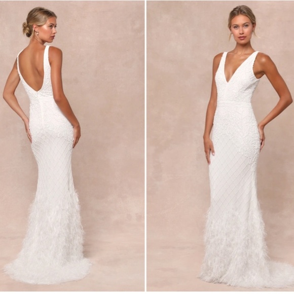 LULUS Bridal Wedding Elegant Sophisticated STUNNING Beaded Sequin Feathers Gown - Picture 4 of 6